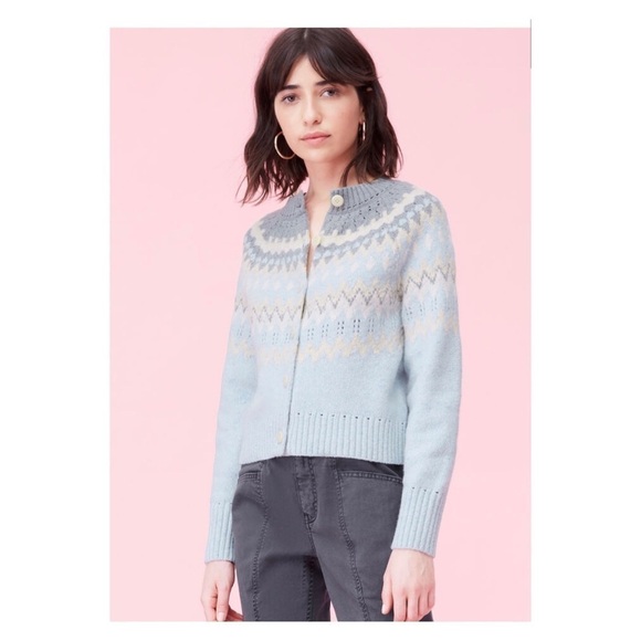 LA VIE REBECCA TAYLOR Fairisle Cardigan Sweater Blue Wool Blend XL - Picture 2 of 10